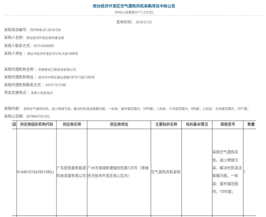 尊龙凯时中标邢台经济开发区空气能热风机采购项目